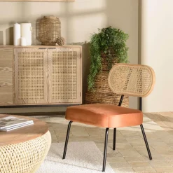 Macabane Fauteuil métal noir assise velours orange ambré dossier rotin Outlet