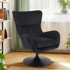 3S. x Home Fauteuil pivotant style bergère Arthuro Velours côtelé Noir Discount