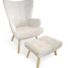 3S. x Home Fauteuil scandinave + pouf Lylou Tissu bouclette lainée Crème