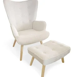 3S. x Home Fauteuil scandinave + pouf Lylou Tissu bouclette lainée Crème