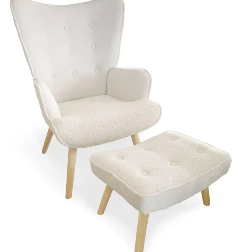 3S. x Home Fauteuil scandinave + pouf Lylou Tissu bouclette lainée Crème