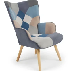 3S. x Home Fauteuil scandinave Lyliane effet patchwork Velours Gris et bleu Discount