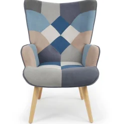 3S. x Home Fauteuil scandinave Lyliane effet patchwork Velours Gris et bleu Discount