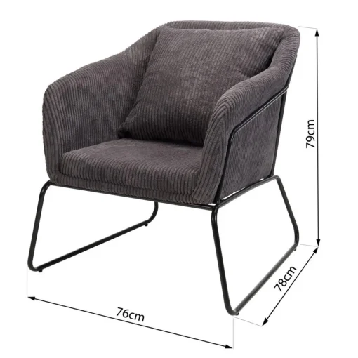 Macabane Fauteuil Tissu AGATHE Velours Cotelé Gris Anthracite Pieds Évasés Métal Hot