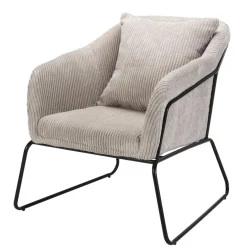 Macabane Fauteuil Tissu AGATHE Velours Cotelé Gris Perle Pieds Évasés Métal Hot