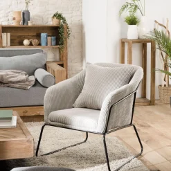 Macabane Fauteuil Tissu AGATHE Velours Cotelé Gris Perle Pieds Évasés Métal Hot