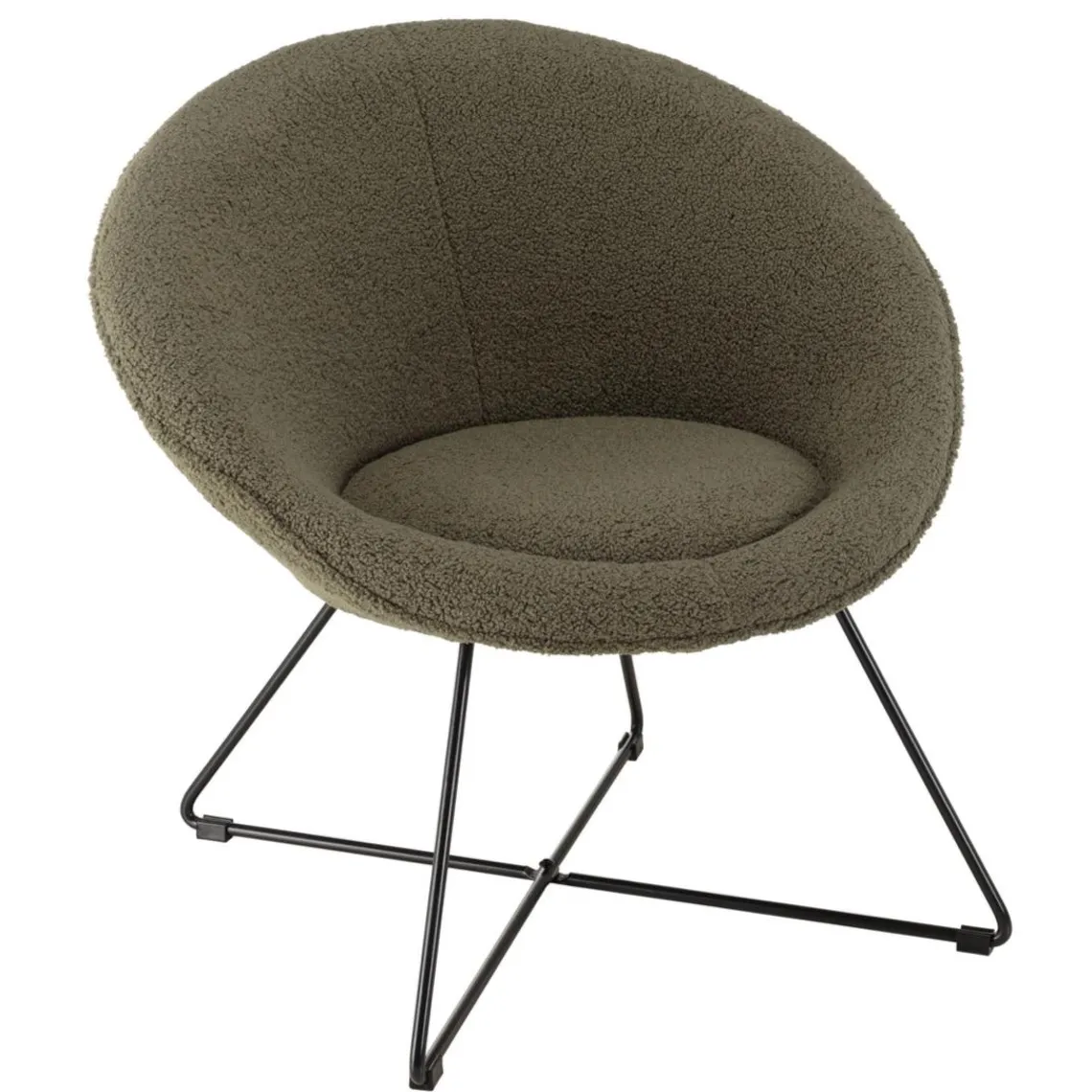 Macabane Fauteuil tissu bouclette vert kaki pieds croisés métal noir AGATHE New