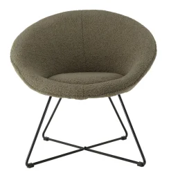 Macabane Fauteuil tissu bouclette vert kaki pieds croisés métal noir AGATHE New