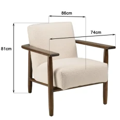 Macabane Fauteuil tissu bouclette écru structure et accoudoirs en bois GASTON New