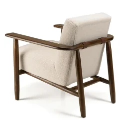 Macabane Fauteuil tissu bouclette écru structure et accoudoirs en bois GASTON New