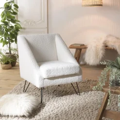 Macabane Fauteuil tissu bouclette blanc pieds épingles métal noir New