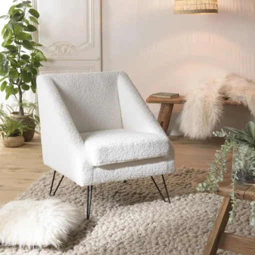 Macabane Fauteuil tissu bouclette blanc pieds épingles métal noir New