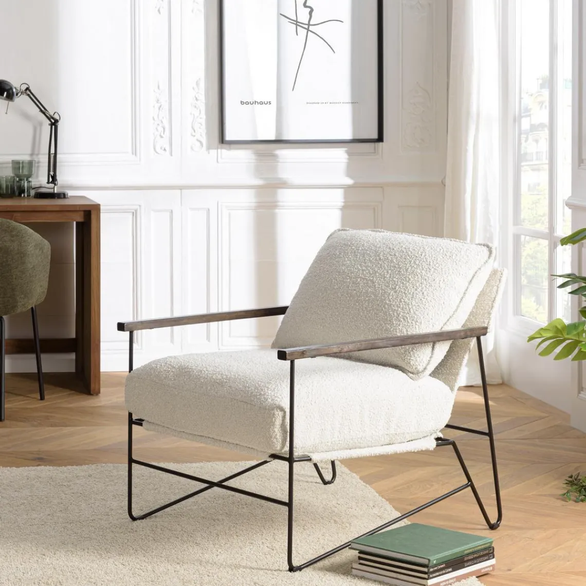 Macabane Fauteuil tissu écru 1 coussin structure métallique GASTON Outlet