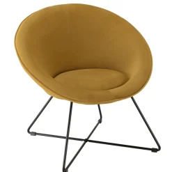 Macabane Fauteuil tissu velours jaune moutarde pieds croisés métal noir AGATHE