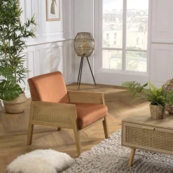 Macabane Fauteuil velours orange pieds bois et accoudoirs rotin Best