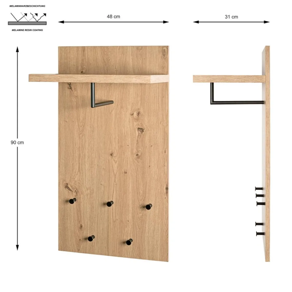 3S. x Home Garderobe murale avec étagère décor cintre et boutons en métal noir Best