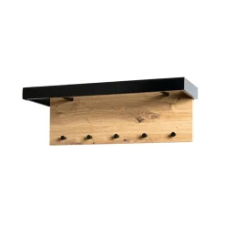 3S. x Home Garderobe murale avec Tringles et 5 crochets en MDF décor mélamine chêne et en Métal laqué noir Brillant Clearance