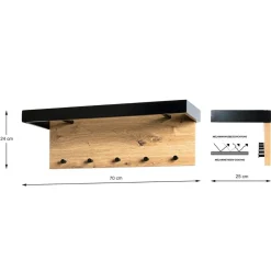 3S. x Home Garderobe murale avec Tringles et 5 crochets en MDF décor mélamine chêne et en Métal laqué noir Brillant Clearance
