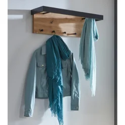 3S. x Home Garderobe murale avec Tringles et 5 crochets en MDF décor mélamine chêne et en Métal laqué noir Brillant Clearance