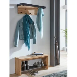 3S. x Home Garderobe murale avec Tringles et 5 crochets en MDF décor mélamine chêne et en Métal laqué noir Brillant Clearance