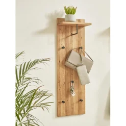3S. x Home garderobe murale chêne et métal noir - 5 crochets et étagère Sale