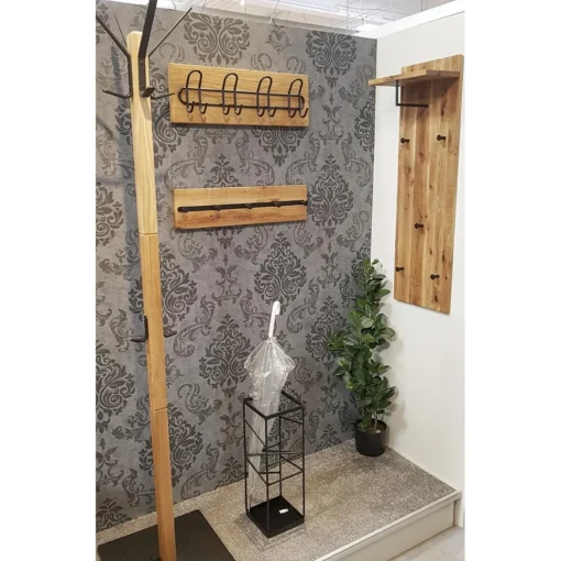 3S. x Home garderobe murale chêne et métal noir - 5 crochets et étagère Sale