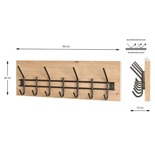 3S. x Home Garderobe murale décor chêne et 7 crochets métal noir Discount