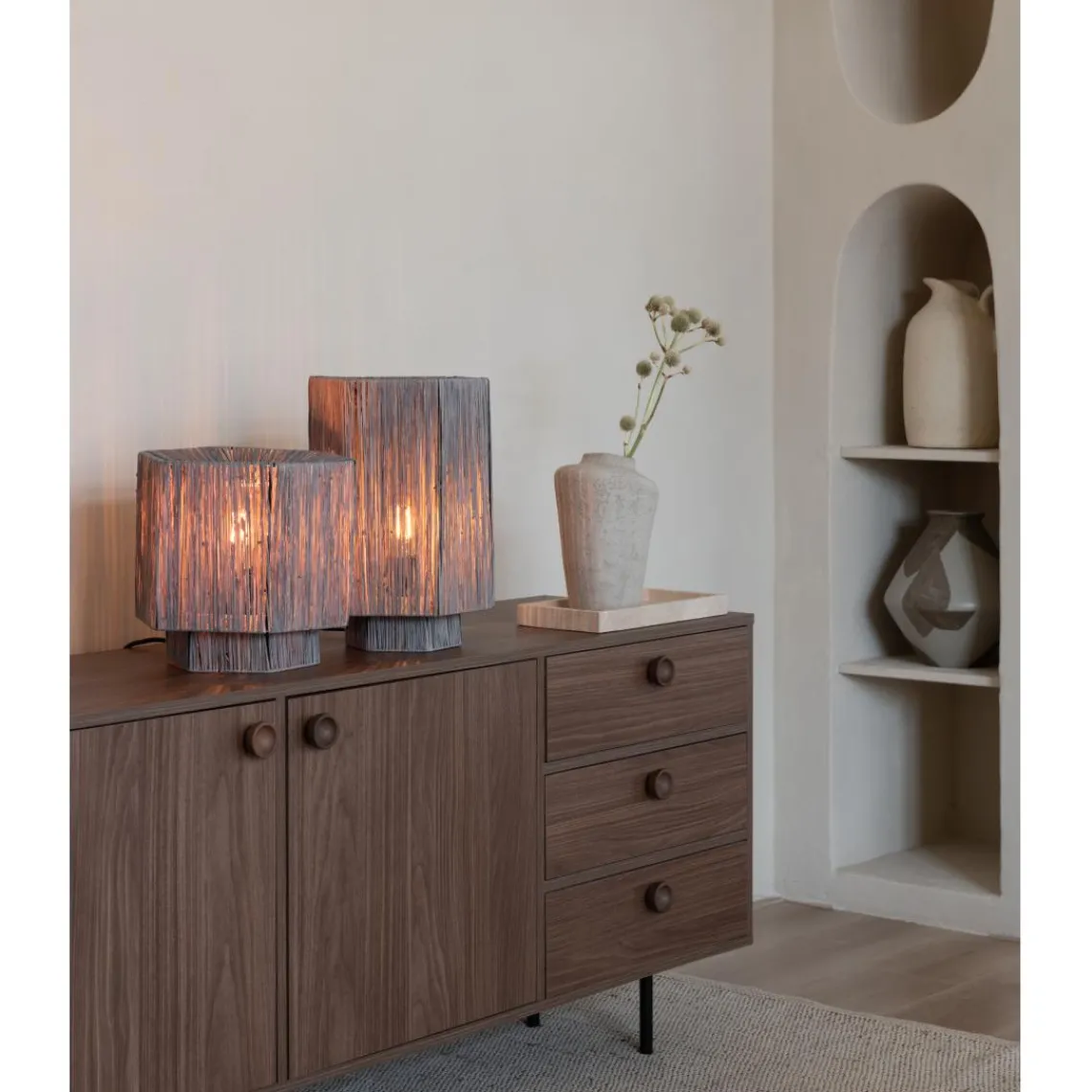 Good & Mojo Lampe de table raphia Panama ronde octogonale gris