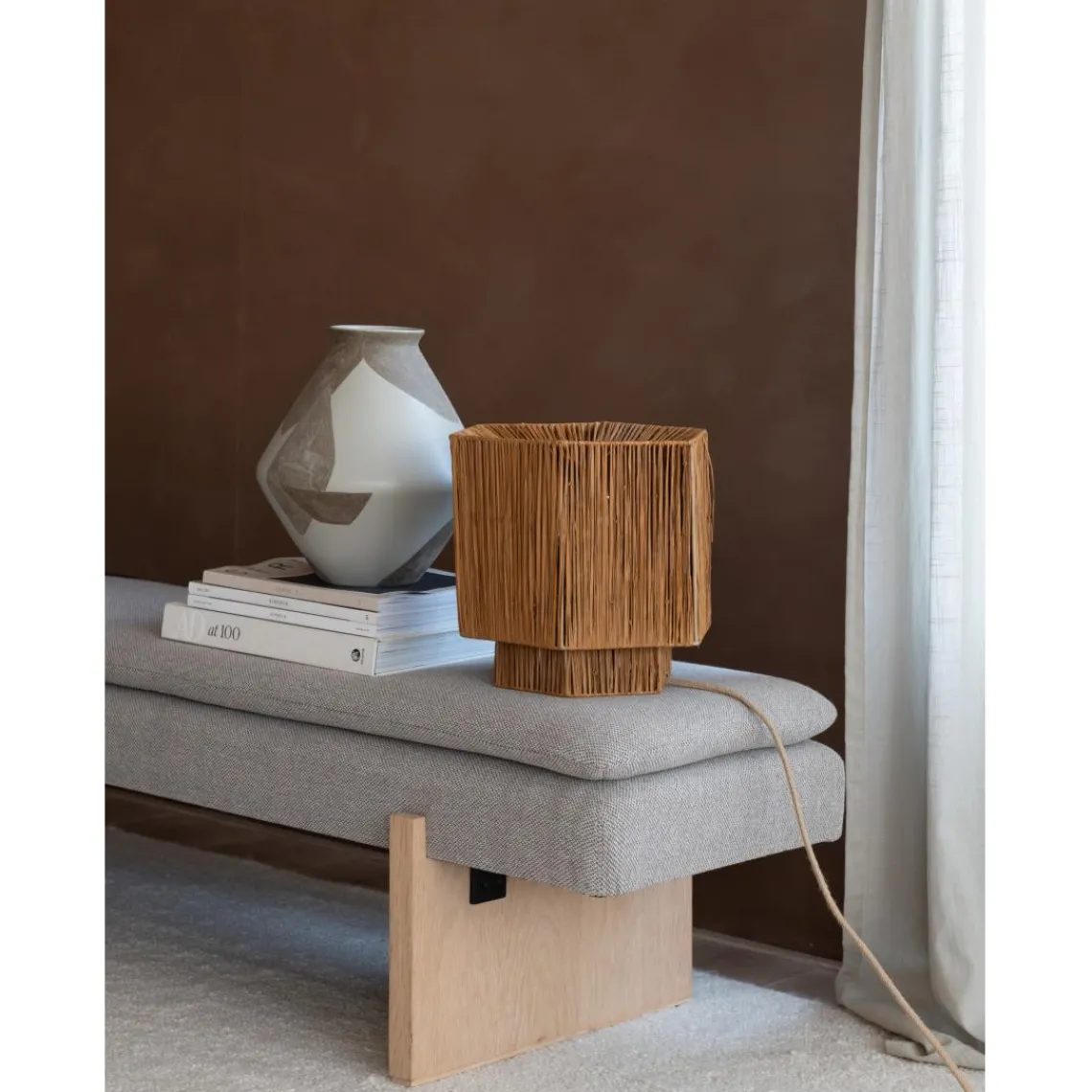 Good & Mojo Lampe de table raphia Panama ronde-octogonale marron Outlet