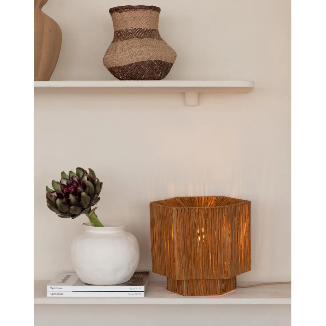 Good & Mojo Lampe de table raphia Panama ronde-octogonale marron Outlet