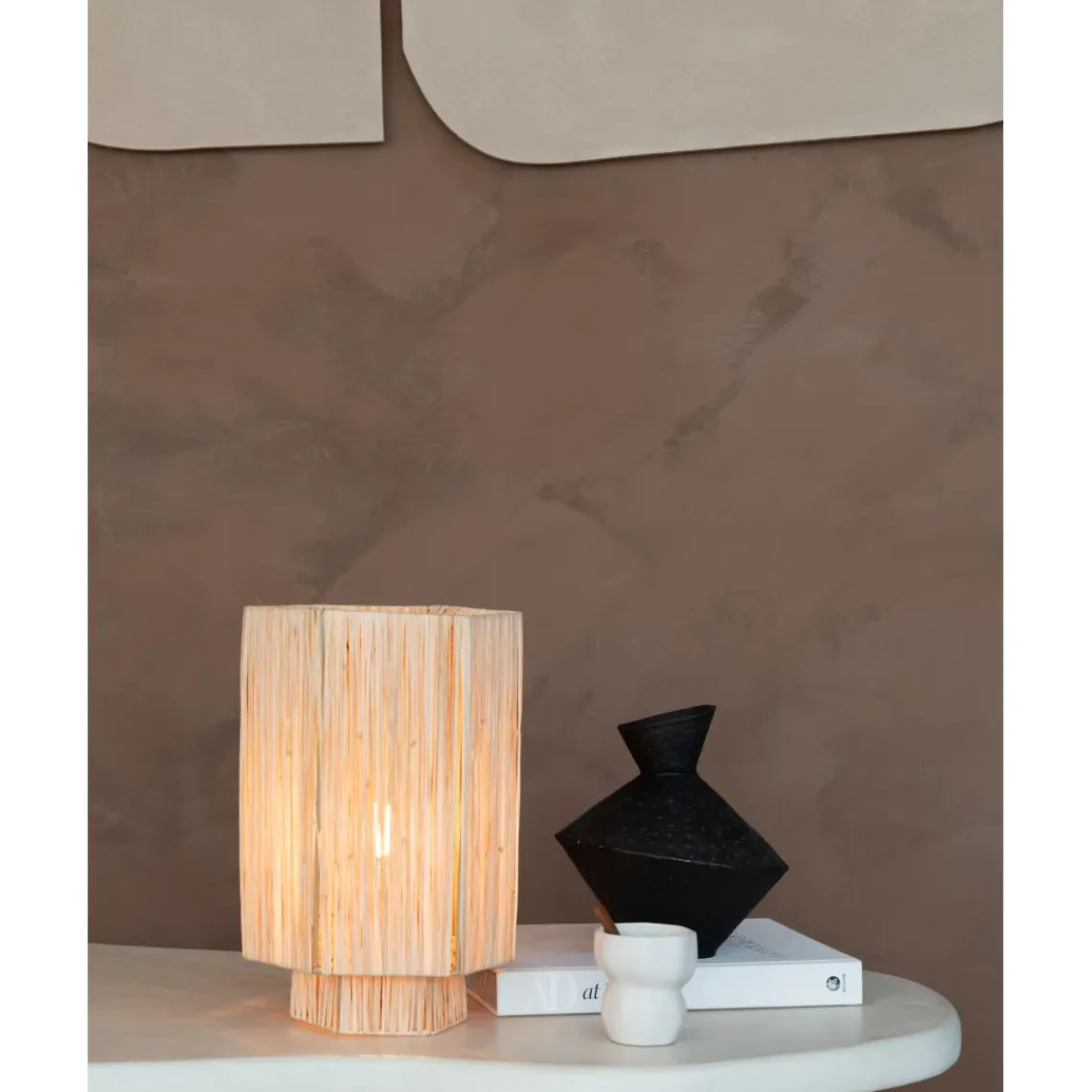 Good & Mojo Lampe de table raphia Panama ronde octogonale naturel Outlet