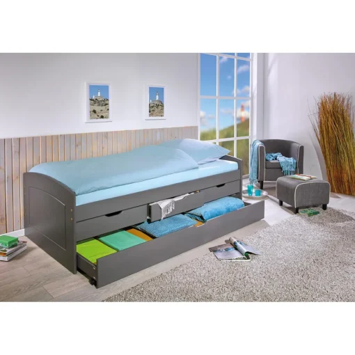 3S. x Home Lit à rangement 90 x 200 cm Pin Massif Gris Best