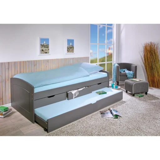 3S. x Home Lit à rangement 90 x 200 cm Pin Massif Gris Best