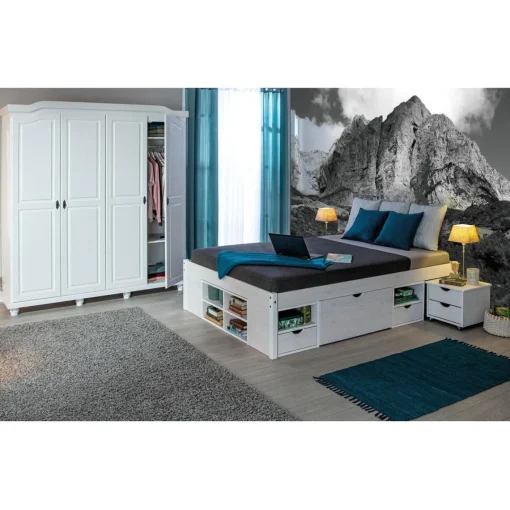 3S. x Home Lit à Rangements en Pin Massif Blanc WYSOKI Best