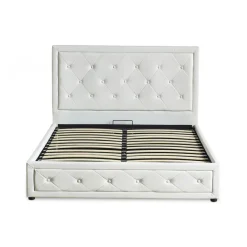 3S. x Home Lit double GRIMALI avec sommier relevable 160x200cm Simili Blanc Discount