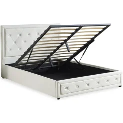 3S. x Home Lit double GRIMALI avec sommier relevable 160x200cm Simili Blanc Discount