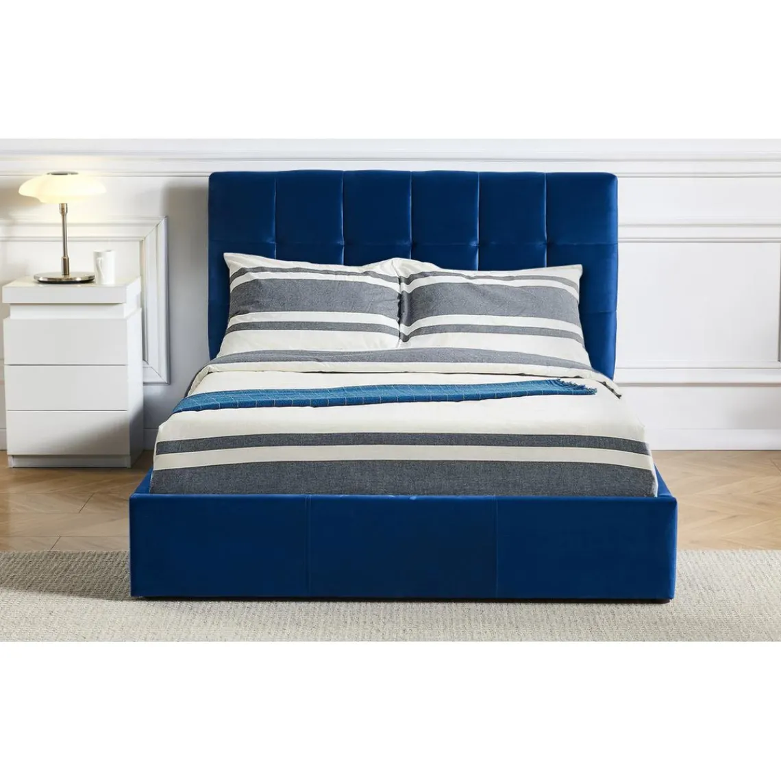 3S. x Home Lit Double LUFTANI Avec Sommier Relevable 180x200cm Velours Bleu
