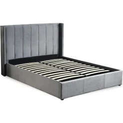 3S. x Home Lit Double MAGORIAL Avec Sommier Relevable 140x190cm Velours Gris Outlet