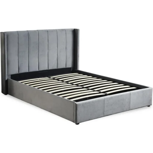 3S. x Home Lit Double MAGORIAL Avec Sommier Relevable 140x190cm Velours Gris Outlet