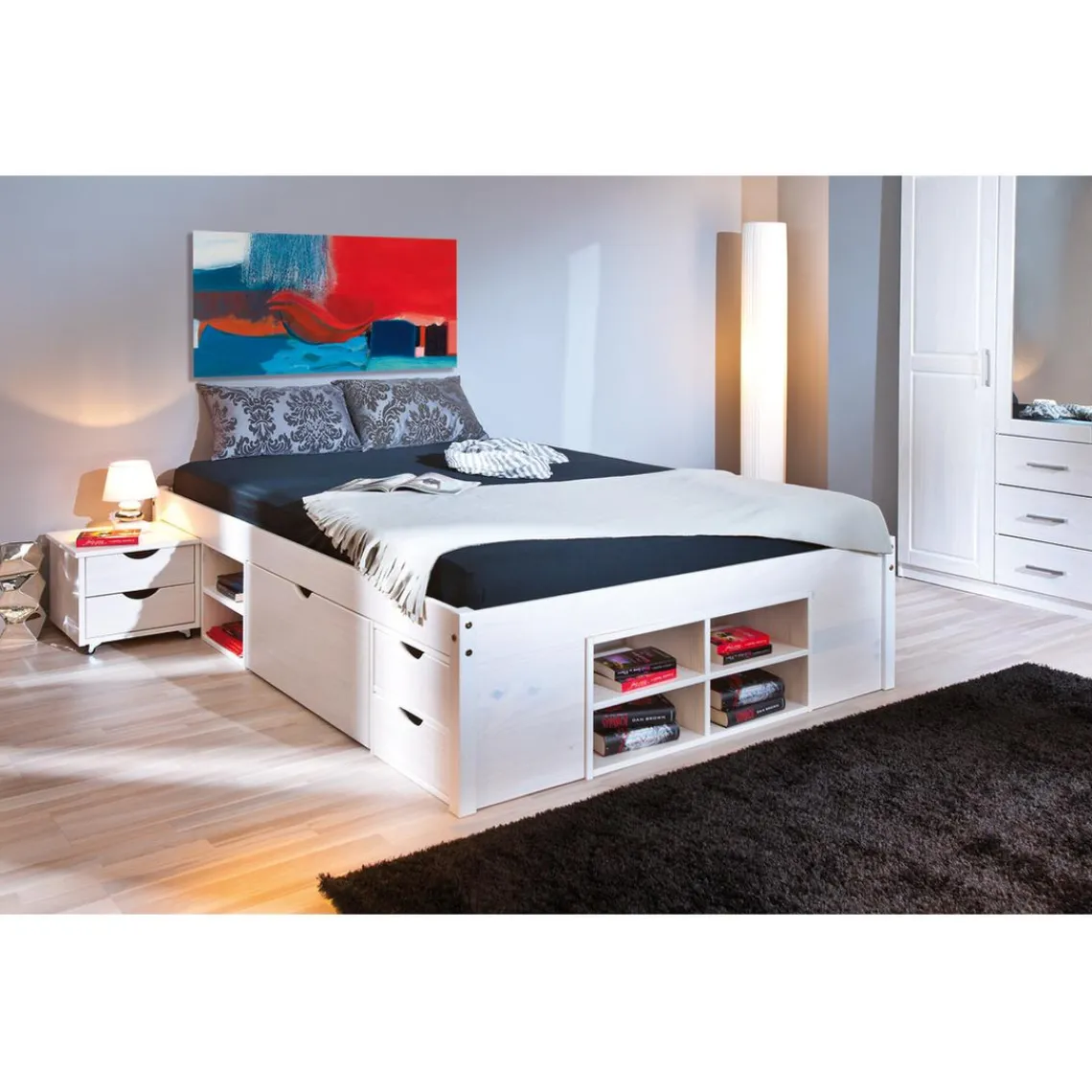 3S. x Home Lit en Pin Avec Espaces De Rangement Mobiles 140x190 KOLO Blanc Hot