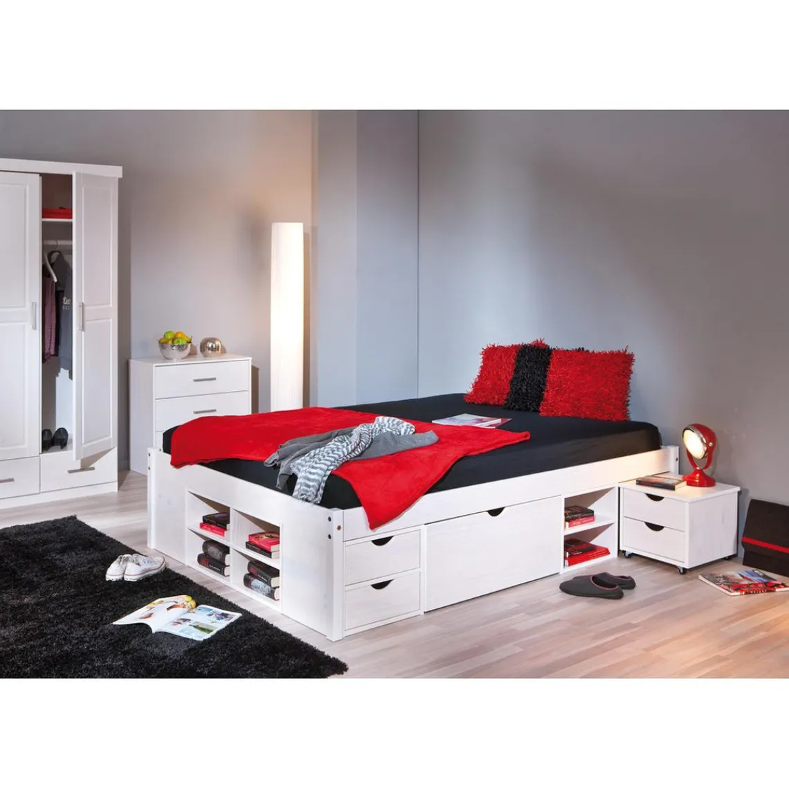 3S. x Home Lit en Pin Avec Espaces De Rangement Mobiles 140x190 KOLO Blanc Hot