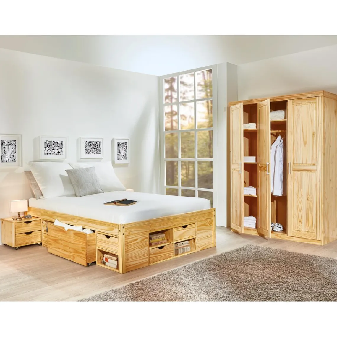 3S. x Home Lit en Pin Massif IRIVO avec tiroirs de rangement Outlet