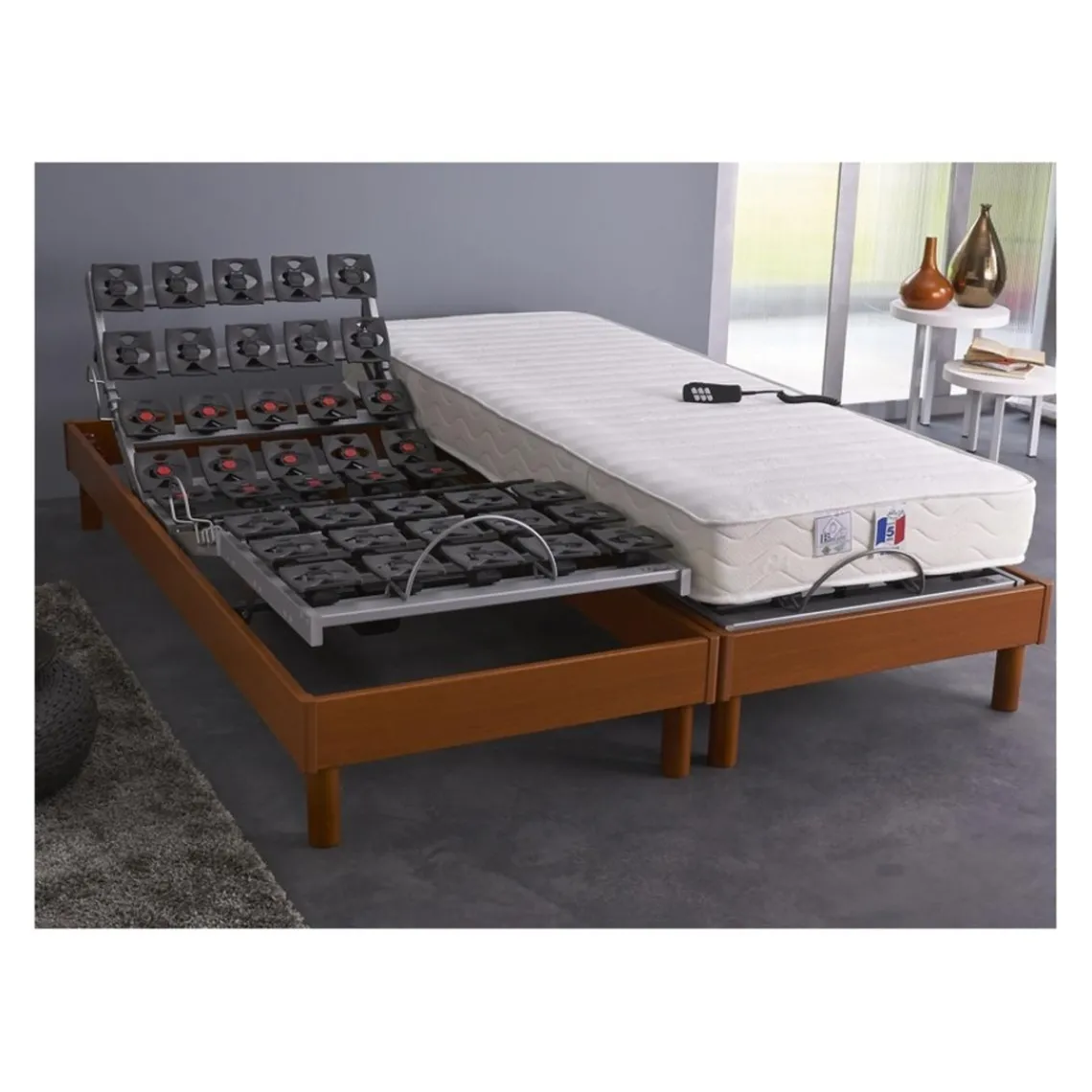 Selenia Lit Relaxation Matelas 100% Latex 5 Zones + Sommier Merisier Tous Plots Avec Réglage Fermeté Au Niveau Lombaire Best