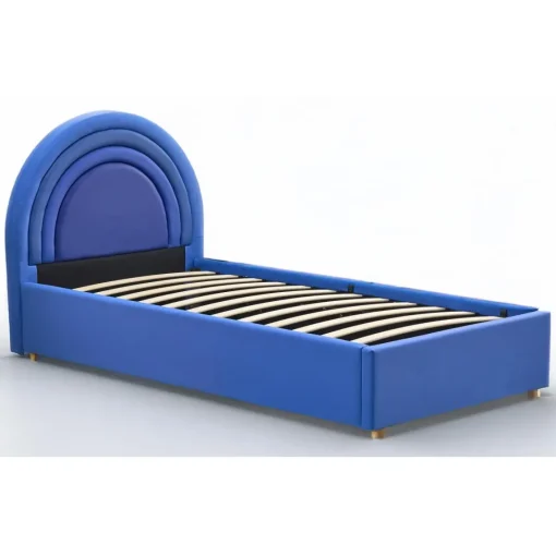 3S. x Home Lit simple avec tête de lit en arche et sommier relevable Bedbow Simili Bleu Outlet