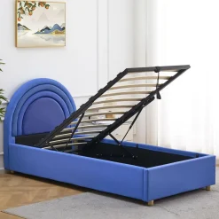 3S. x Home Lit simple avec tête de lit en arche et sommier relevable Bedbow Simili Bleu Outlet