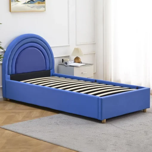3S. x Home Lit simple avec tête de lit en arche et sommier relevable Bedbow Simili Bleu Outlet
