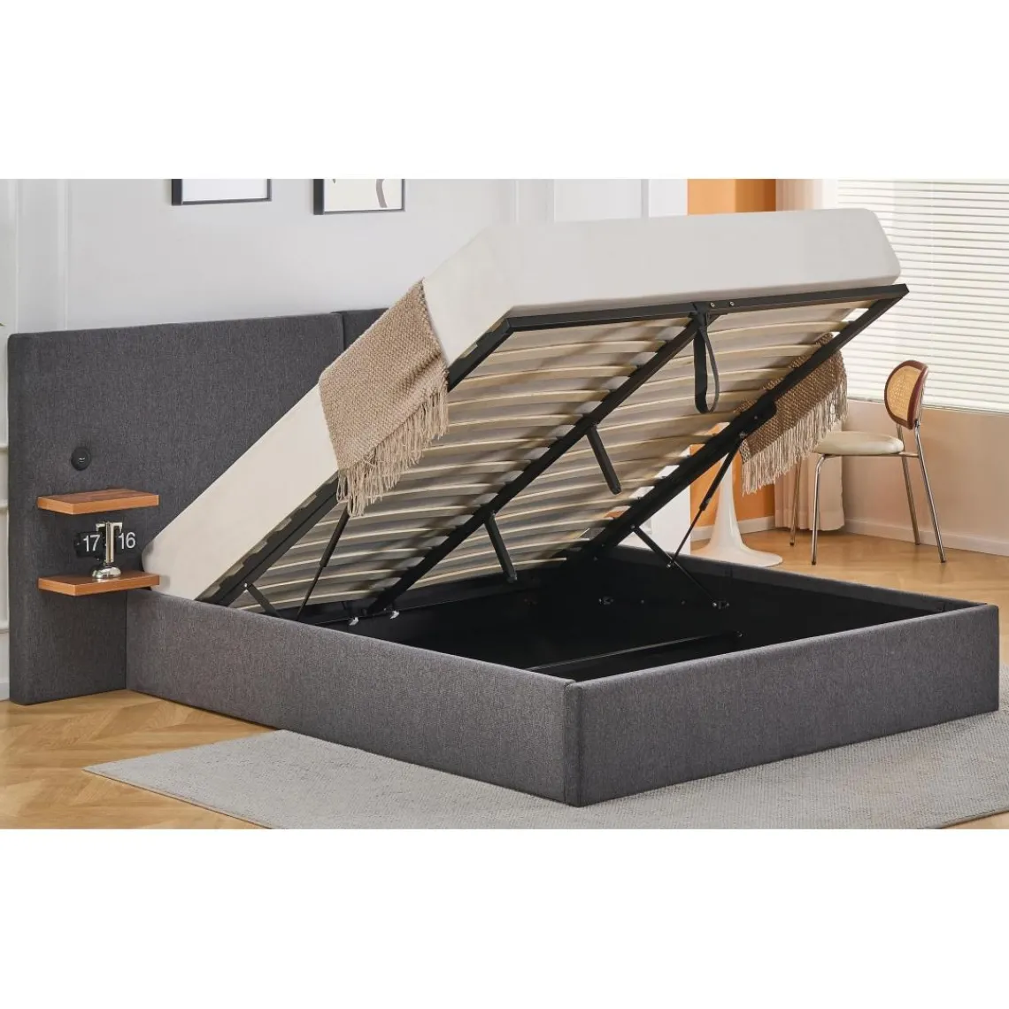 3S. x Home Lit-coffre complet avec tablettes et ports USB intégrés Lukas Tissu Gris Clearance