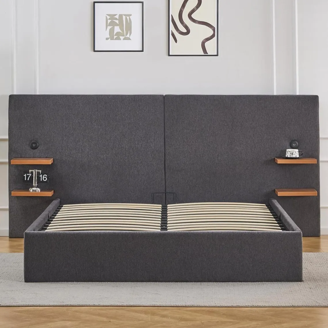 3S. x Home Lit-coffre complet avec tablettes et ports USB intégrés Lukas Tissu Gris Clearance