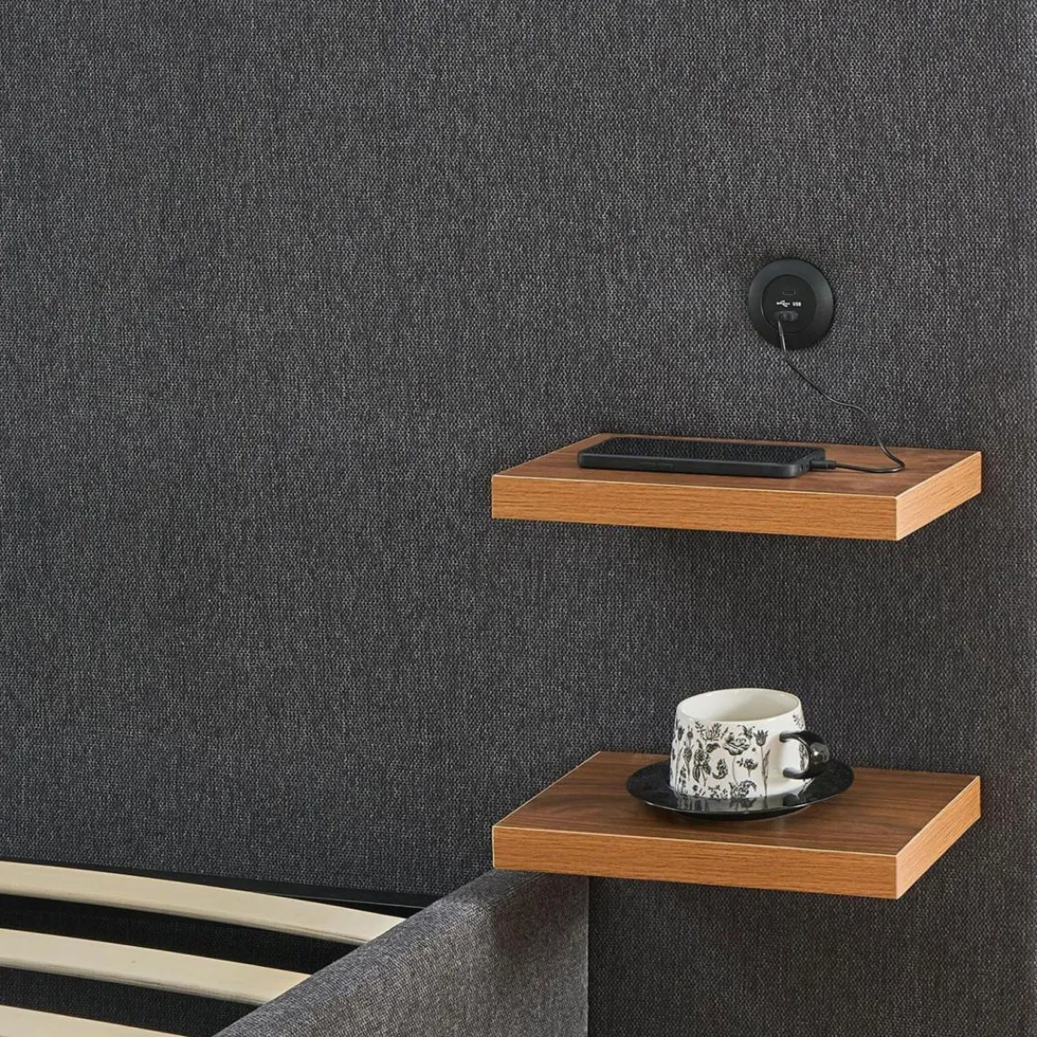 3S. x Home Lit-coffre complet avec tablettes et ports USB intégrés Lukas Tissu Gris Clearance