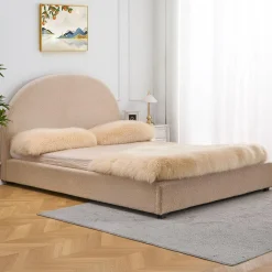 3S. x Home Lit-coffre complet avec tête de lit arrondie Tissu bouclette Beige Outlet